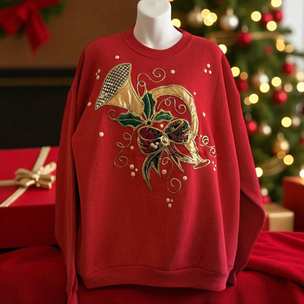 Vintage 80s Christmas Sweatshirt | Gold Horn Appliqué & Sequins | XL - Picture 3 of 9